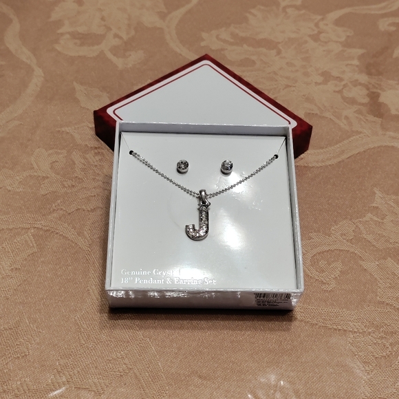 Genuine Crystal 18" Pendant & earring Set letter J pendant new in box - Picture 2 of 5